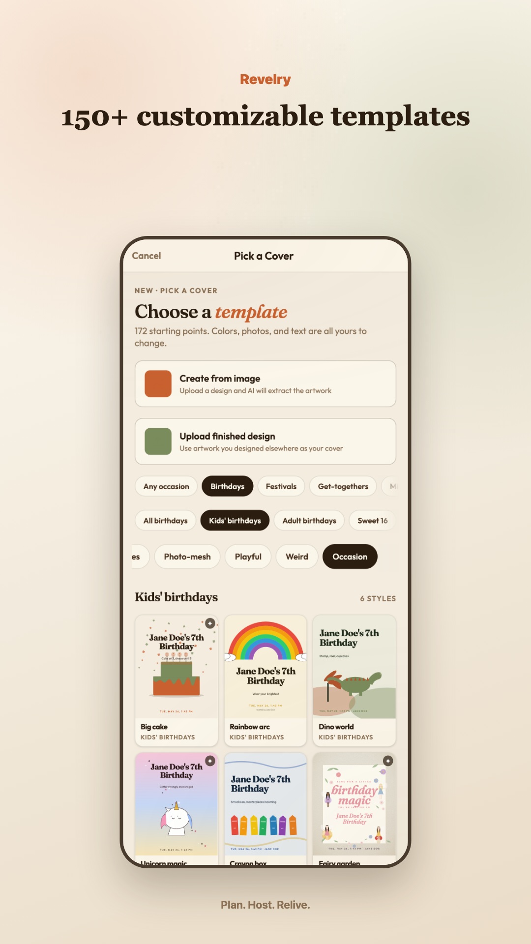 Template picker with customizable party designs