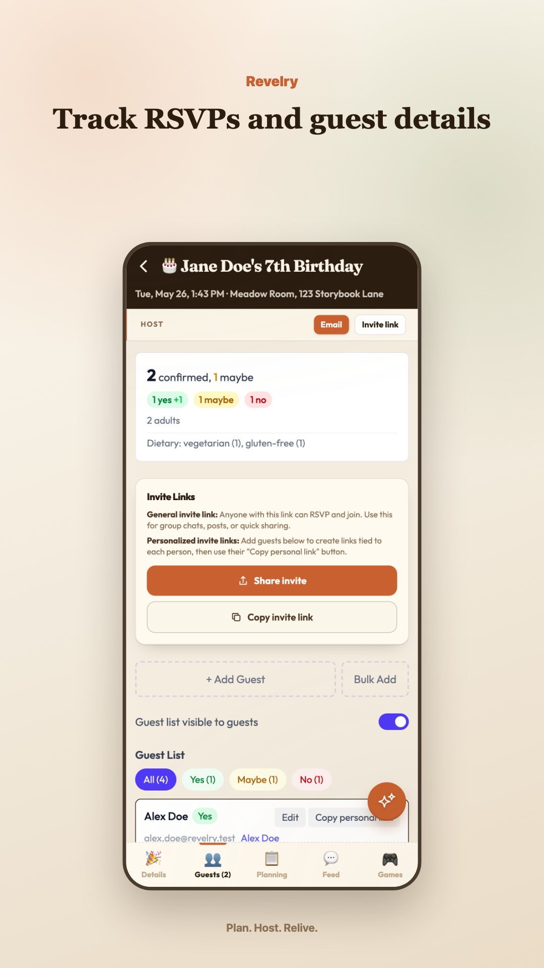 Guest and RSVP tracking screen