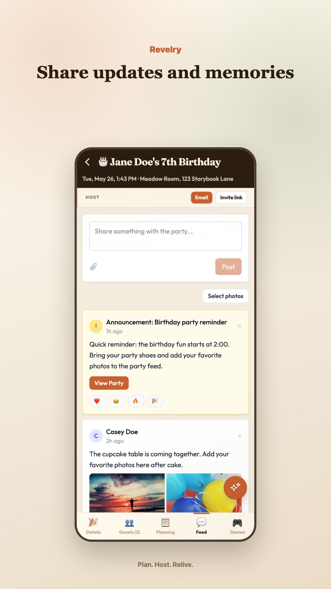 Party feed with shared updates and photos